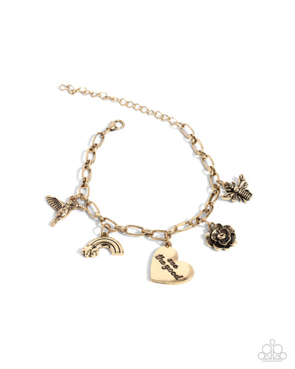 Positive Outlook - Gold Hummingbird, Rainbow, Heart "see the good" Charm Clasp Bracelet - Paparazzi Accessories