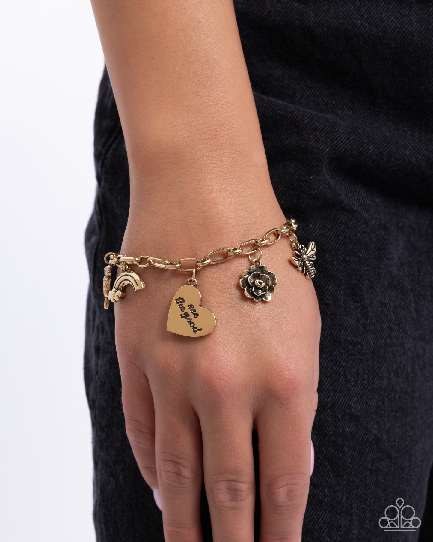 Positive Outlook - Gold Hummingbird, Rainbow, Heart "see the good" Charm Clasp Bracelet - Paparazzi Accessories