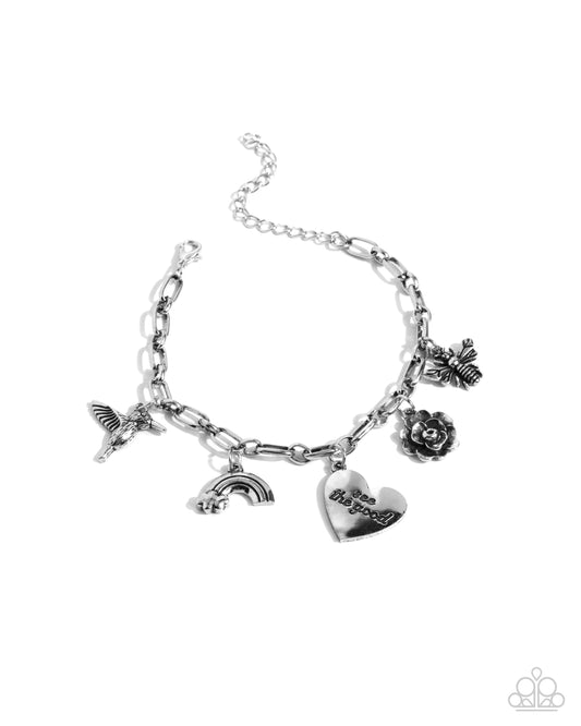 Positive Outlook - Silver Hummingbird, Rainbow, Heart "see the good" Charm Clasp Bracelet - Paparazzi Accessories