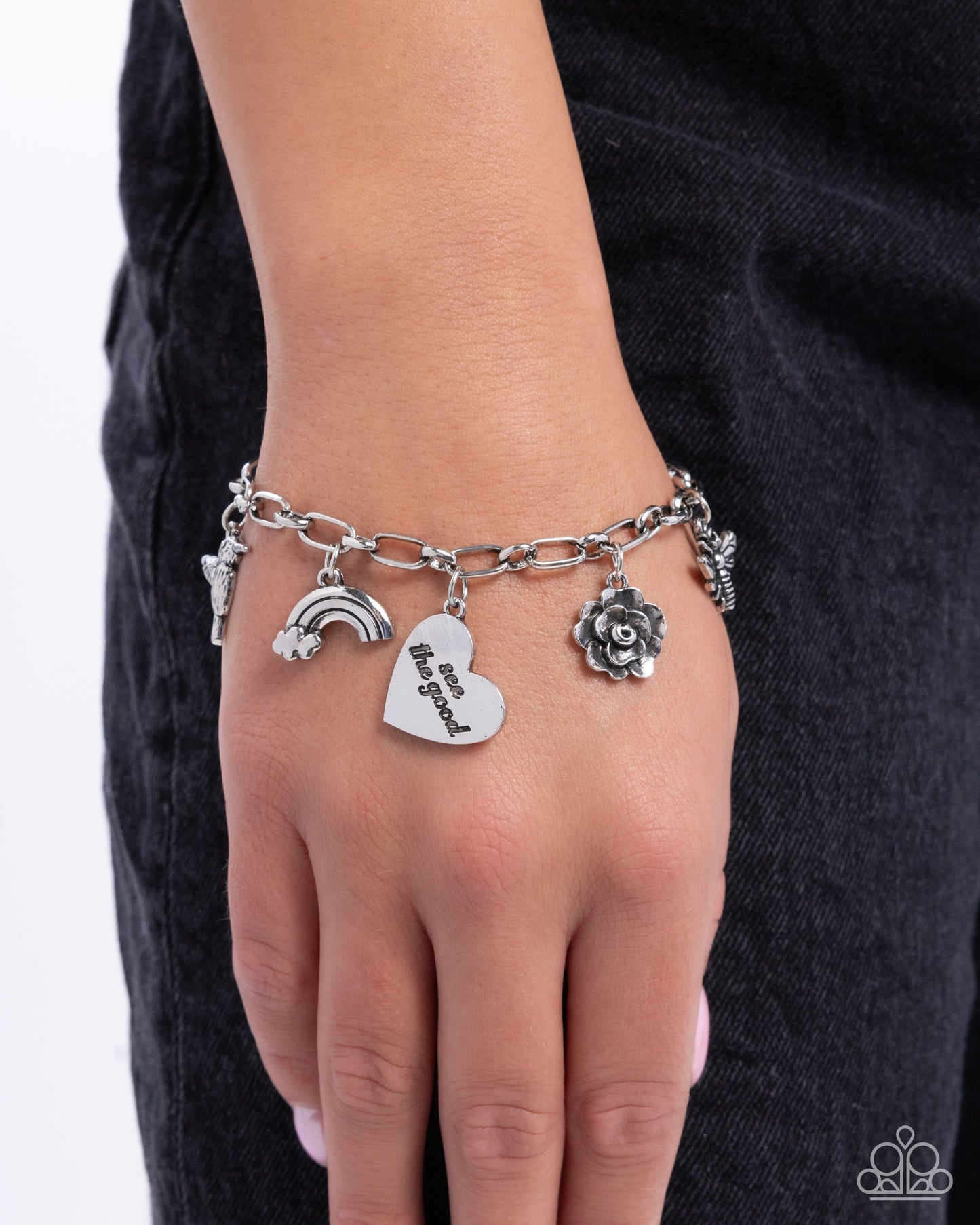 Positive Outlook - Silver Hummingbird, Rainbow, Heart "see the good" Charm Clasp Bracelet - Paparazzi Accessories