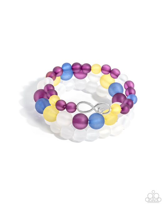 Simplistic Stack - Purple, White, Yellow, & Blue Beaded Stretchy Silver Infinity Symbol Bracelets - Paparazzi Accessories