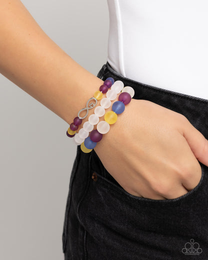 Simplistic Stack - Purple, White, Yellow, & Blue Beaded Stretchy Silver Infinity Symbol Bracelets - Paparazzi Accessories