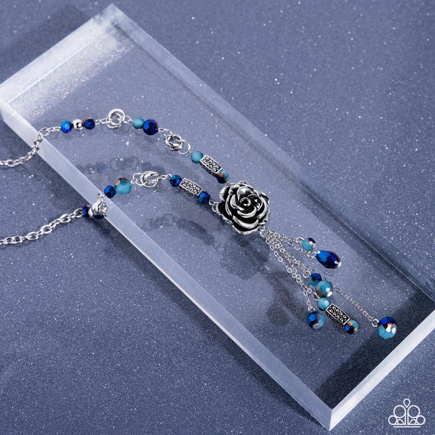 Pruning Promise - Blue UV Gem Silver Rose Necklace - Paparazzi Accessories