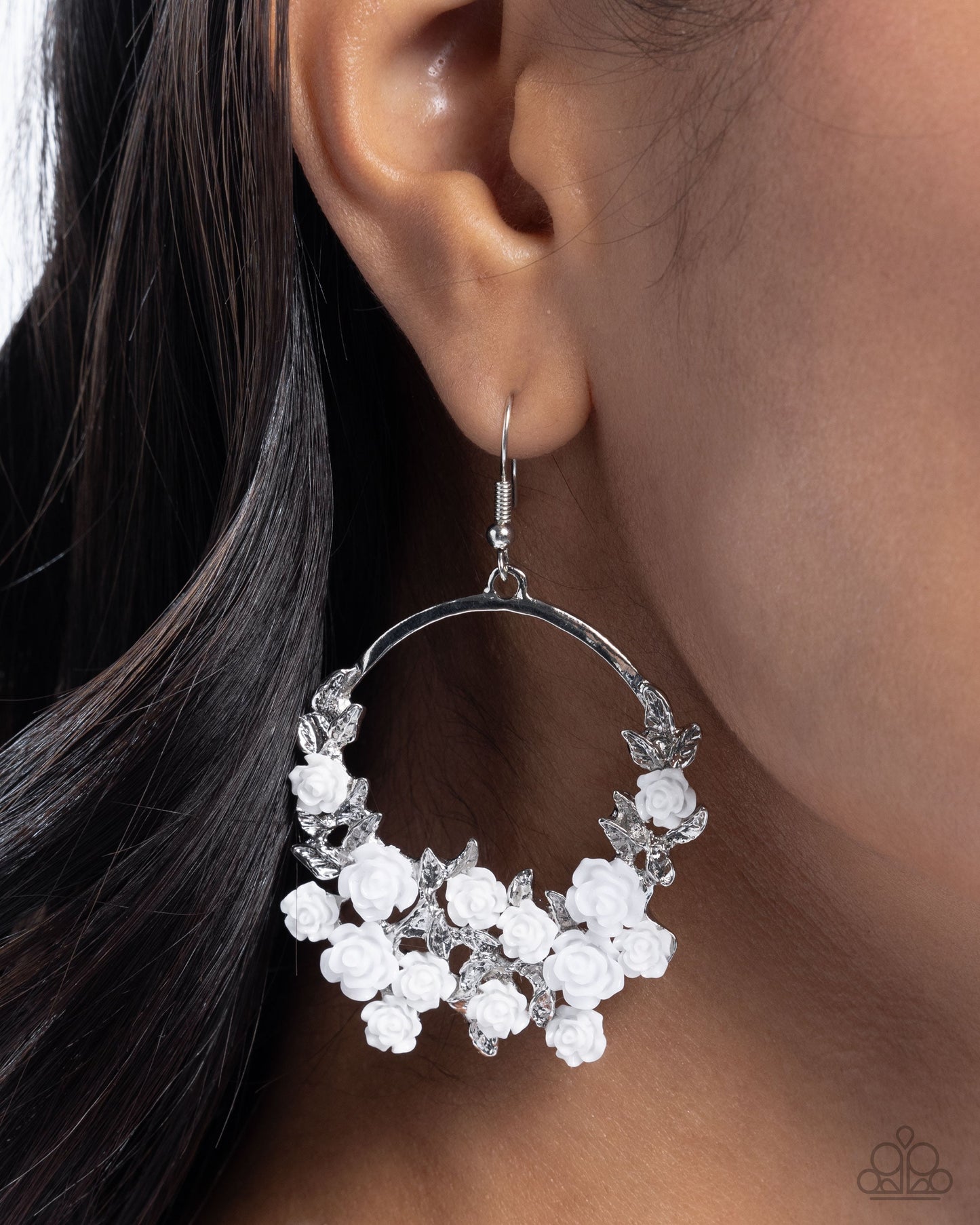 Exceptional Ease - White Acrylic Roses Silver Fishhook Earrings - Paparazzi Accessories