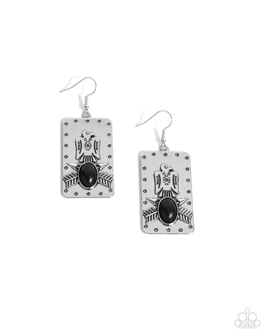 Invincible Icon - Black Stone Silver Eagle Fishhook Earrings - Paparazzi Accessories