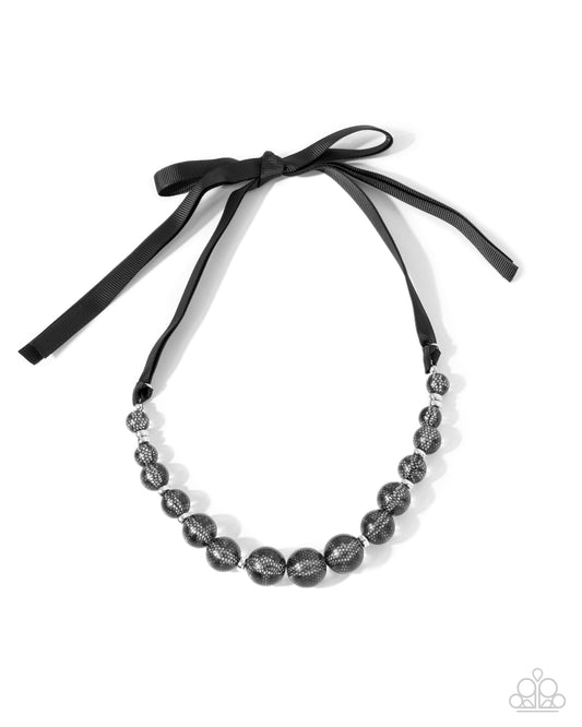 Lace Maker - Black Acrylic Lace Beads Ribbon Necklace - Paparazzi Accessories