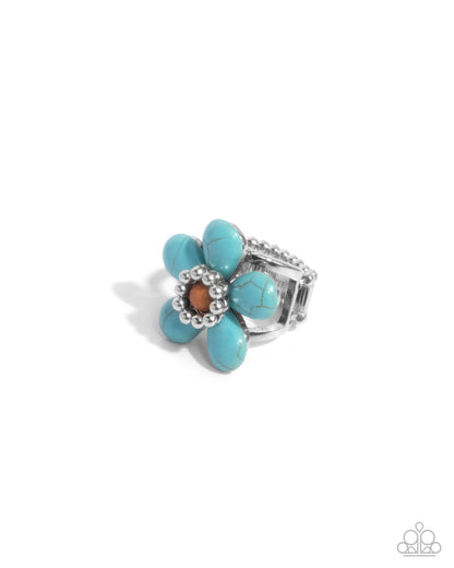 Stony Solidarity - Blue Crackle Stone Flower Silver Ring - Paparazzi Accessories