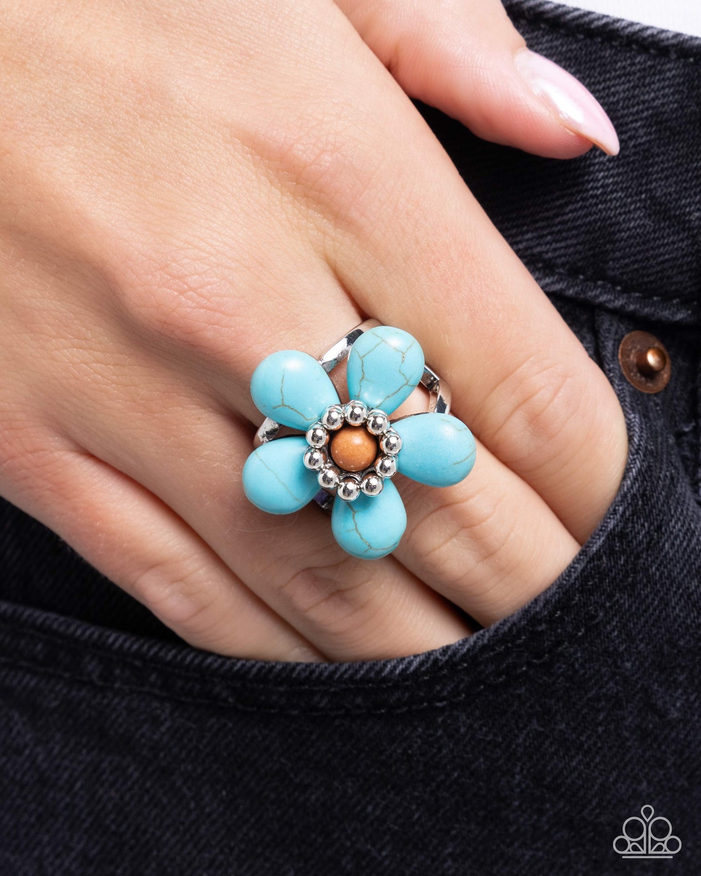 Stony Solidarity - Blue Crackle Stone Flower Silver Ring - Paparazzi Accessories