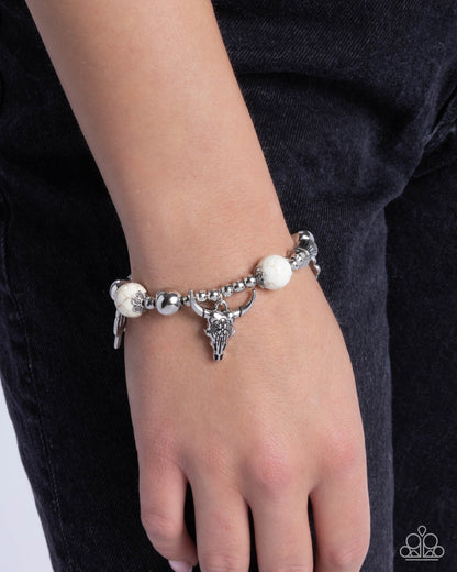 Western Welcome - White Crackle Silver Stretchy Bracelet - Paparazzi Accessories