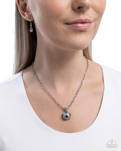 Soccer Pitch - Black & White Rhinestone Pendant Silver Necklace - Paparazzi Accessories