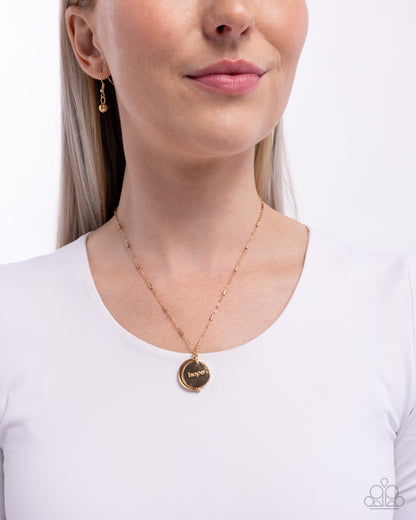 Hopeful Story - Gold HOPE & Blue Enamel Gold Bird Double Sided Necklace - Paparazzi Accessories