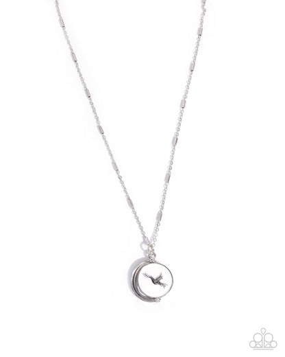 Hopeful Story - White Enamel Silver Bird Double Sided "hope" Necklace - Paparazzi Accessories