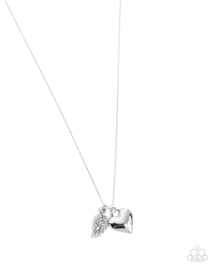 Keep it LEAF - White Rhinestone Leaf Silver Heart Pendant Necklace - Paparazzi Accessories