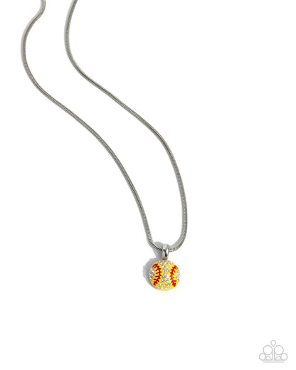 Throw a Softball - Yellow Charm Silver Necklace - Paparazzi Accessories