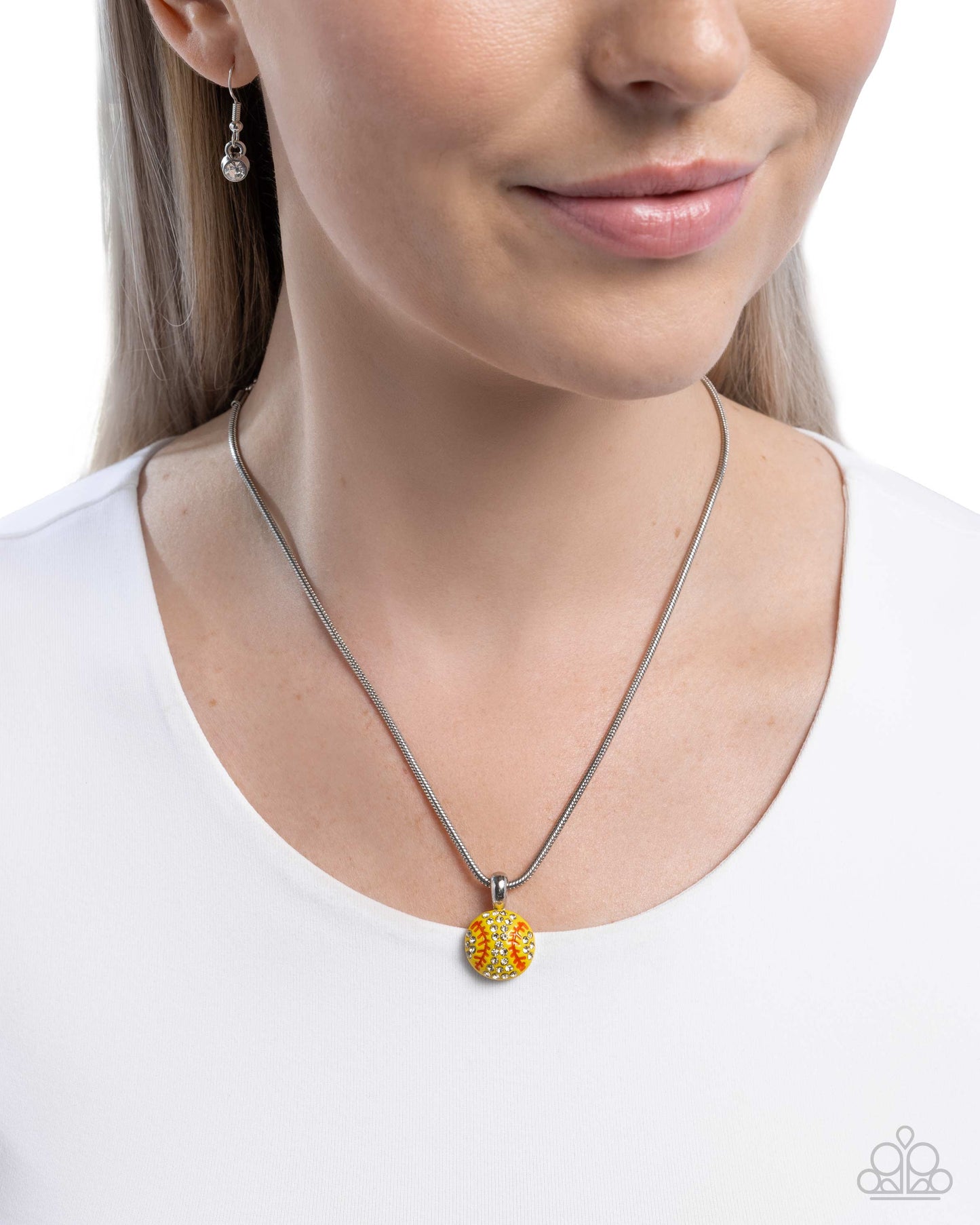 Throw a Softball - Yellow Charm Silver Necklace - Paparazzi Accessories