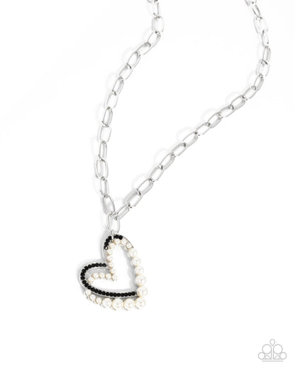 Introducing Me - Black Rhinestone White Pearl Silver Heart Necklace - Paparazzi Accessories