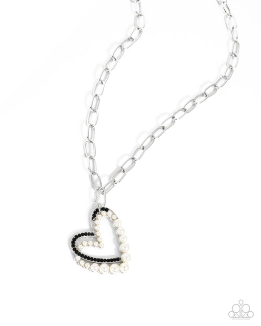 Introducing Me - Black Rhinestone White Pearl Silver Heart Necklace - Paparazzi Accessories