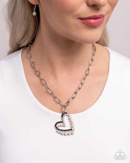 Introducing Me - Black Rhinestone White Pearl Silver Heart Necklace - Paparazzi Accessories
