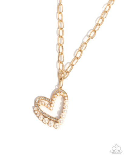 Introducing Me - Gold White Pearl & Rhinestone Heart Pendant Necklace - Paparazzi Accessories