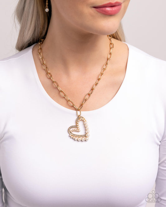 Introducing Me - Gold White Pearl & Rhinestone Heart Pendant Necklace - Paparazzi Accessories