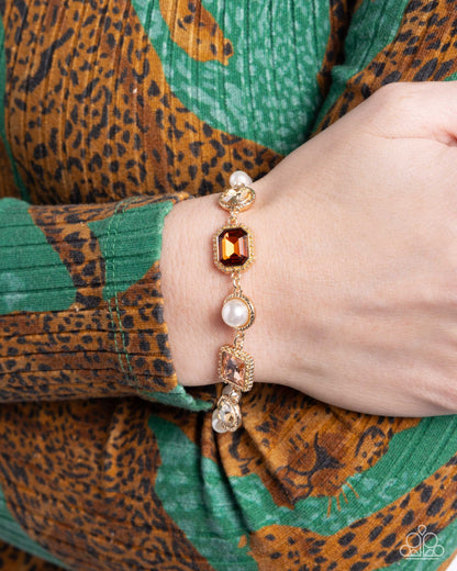 Brown Rhinestones & White Pearls Necklace & Clasp Bracelet - Complete Look - Paparazzi Accessories