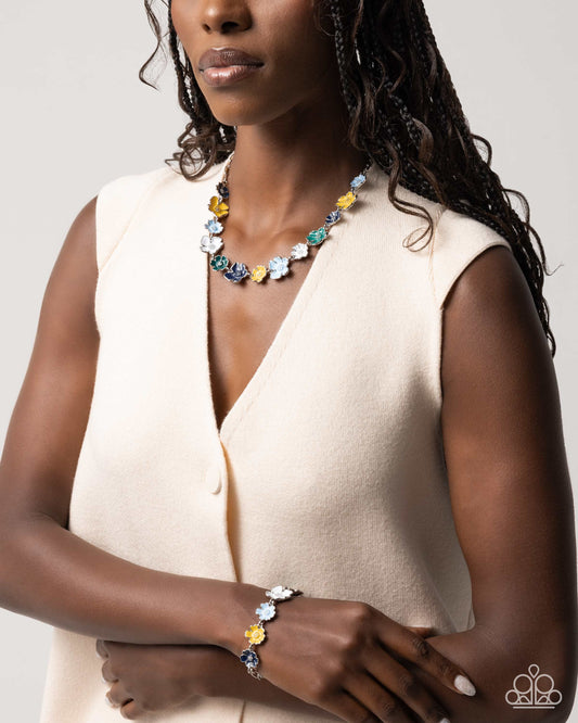 Complete Look - "French Florals - Blue" Necklace & "Candid Color - Blue" Clasp Bracelet - Paparazzi Accessories