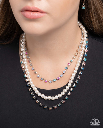 Class Change - Multi Rhinestone White Pearl Silver Necklace - Paparazzi Accessories