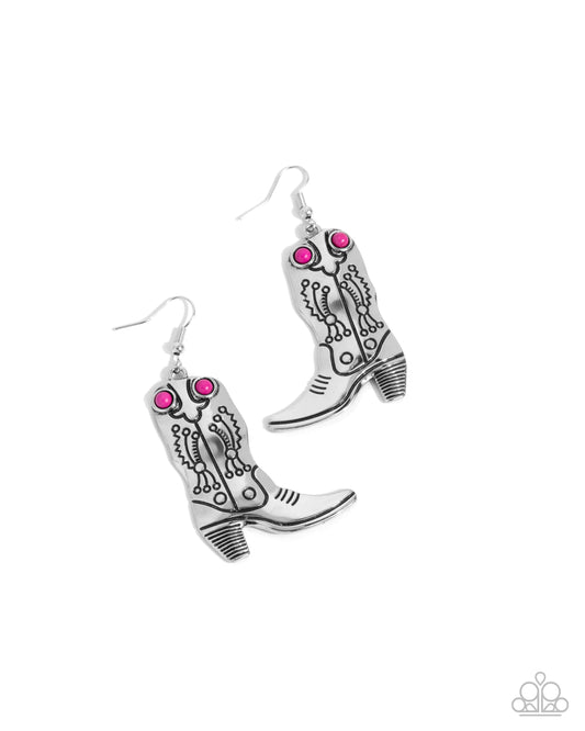 Southern Belle of the Ball - Pink Stone Silver Cowboy Boot Fishhook Earrings - Paparazzi Accessories