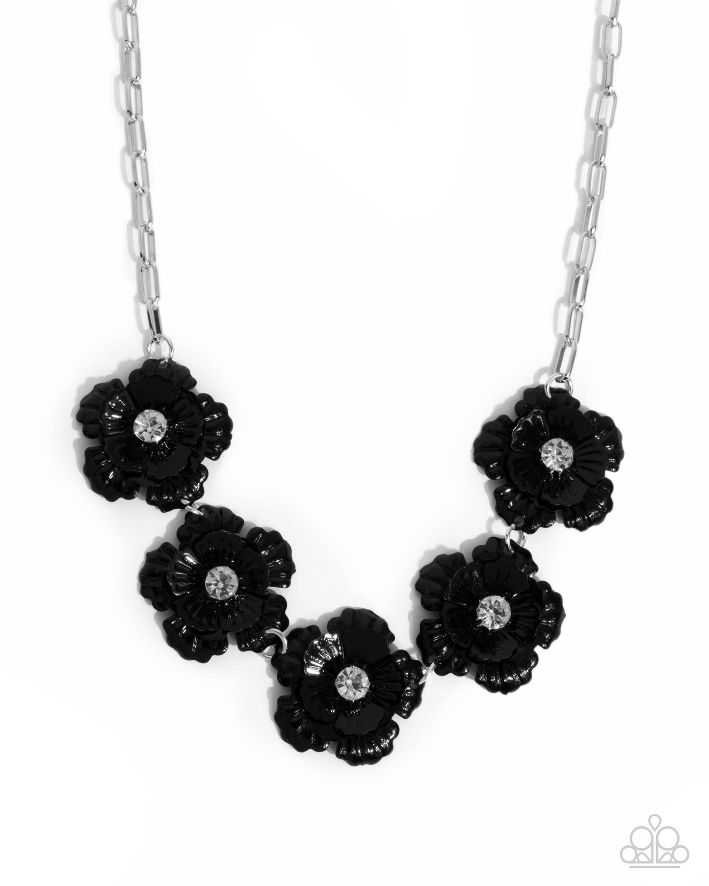 Flower Chain - Black Flowers Silver Necklace - Paparazzi Accessories