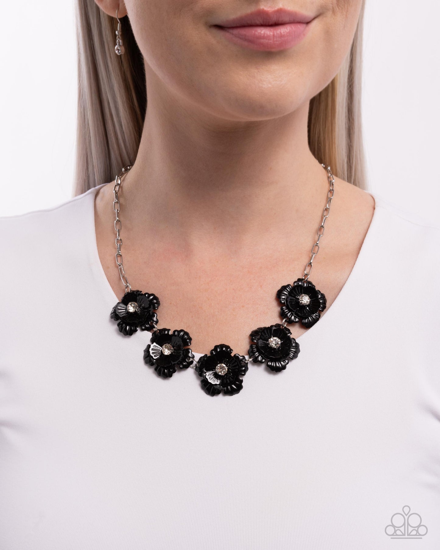 Flower Chain - Black Flowers Silver Necklace - Paparazzi Accessories
