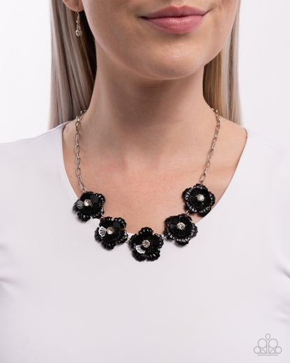 Flower Chain - Black Flowers Silver Necklace - Paparazzi Accessories