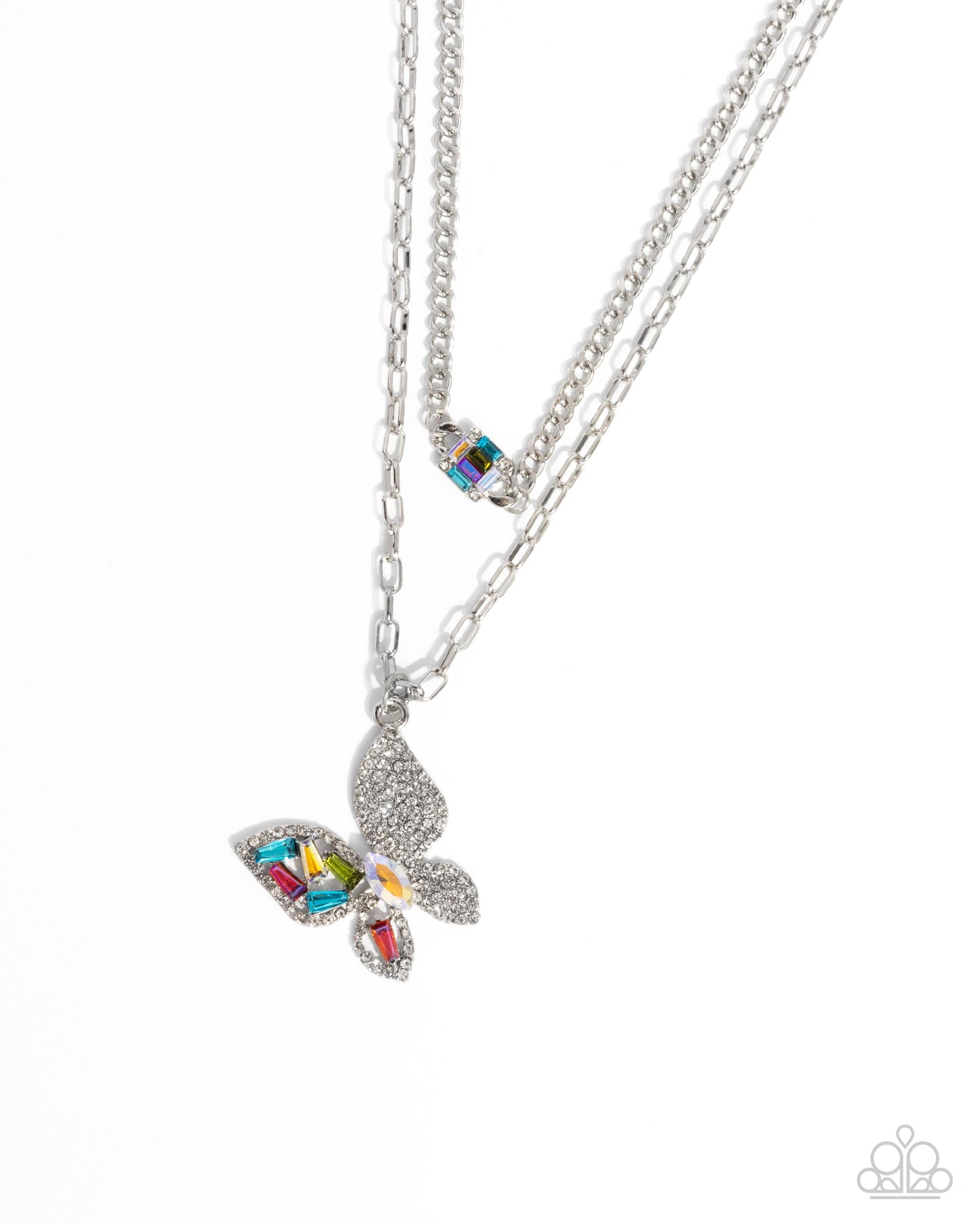 Hovering Headline - Multi Rhinestone Silver Butterfly Necklace - Paparazzi Accessories