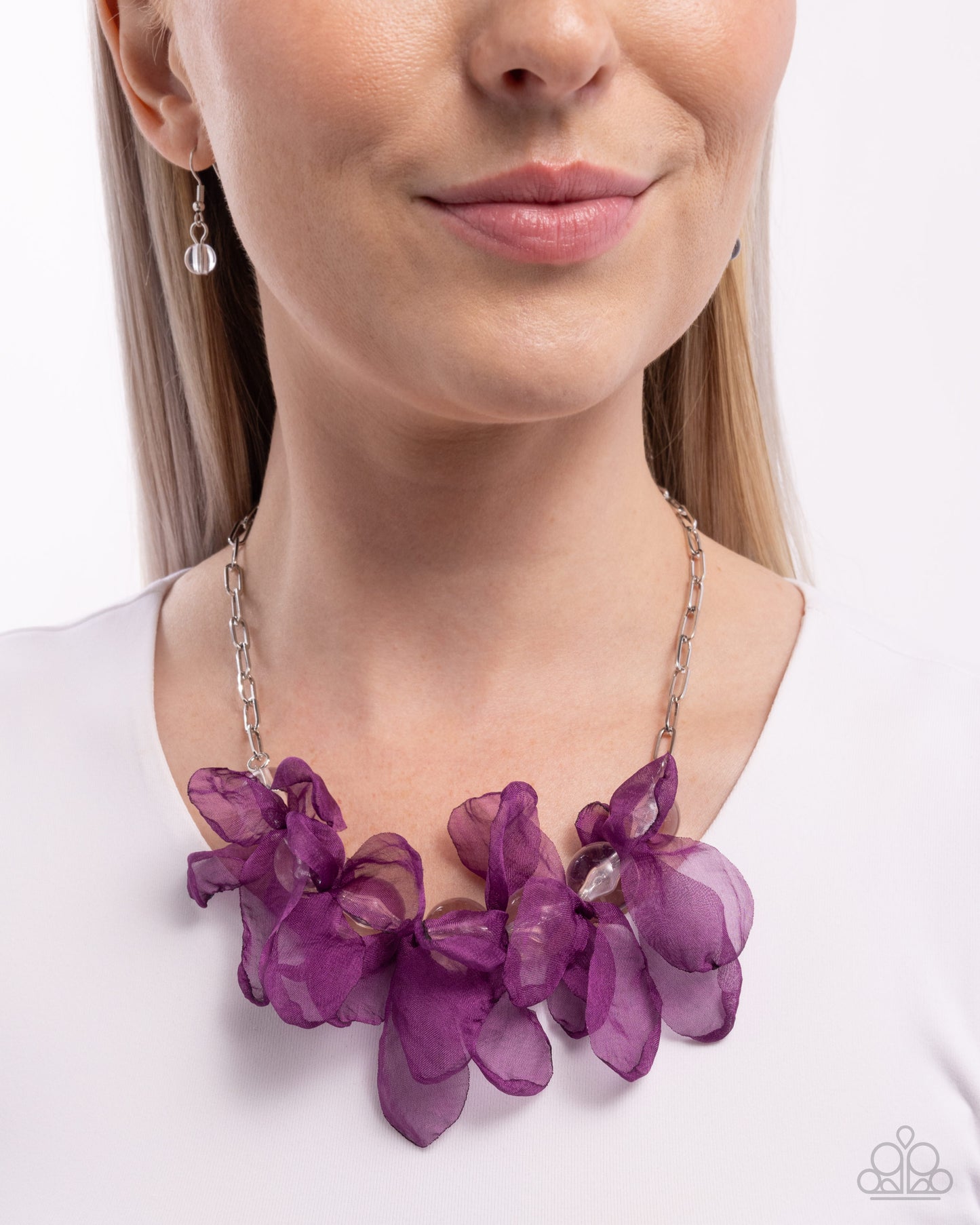 Fancy Fabric - Purple Tulle Petal Flowers Silver Necklace - Paparazzi Accessories