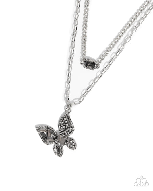 Hovering Headline - Silver Rhinestone Butterfly Necklace - Paparazzi Accessories