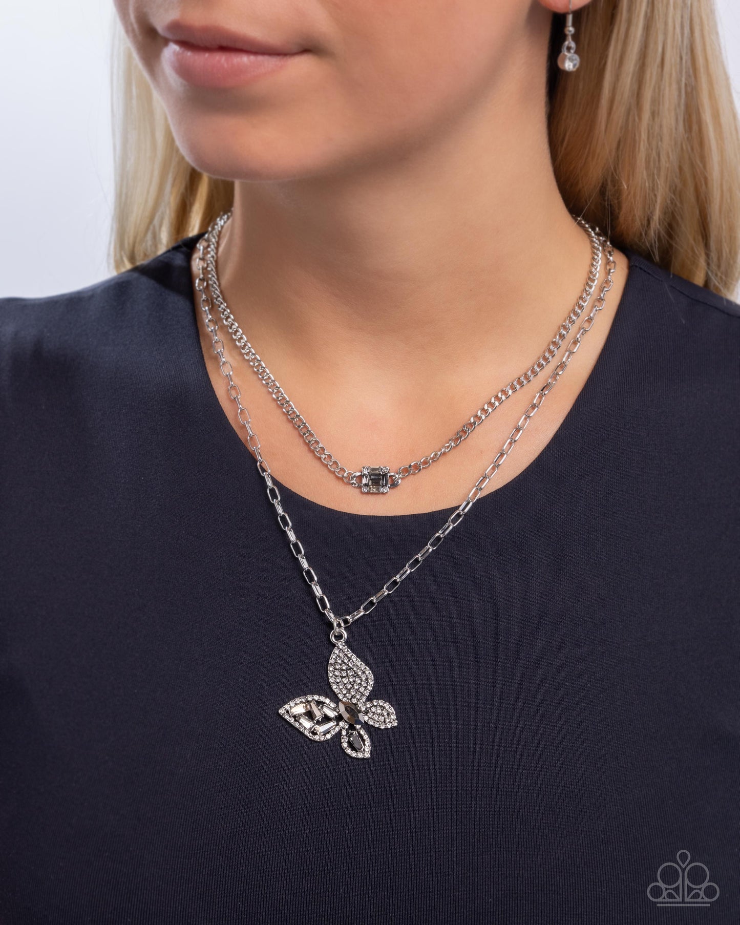 Hovering Headline - Silver Rhinestone Butterfly Necklace - Paparazzi Accessories