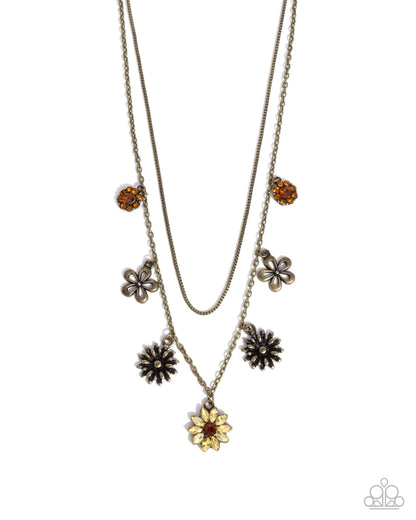 Glinting Garden - Brass Rhinestone Flowers Necklace - Paparazzi Accessories