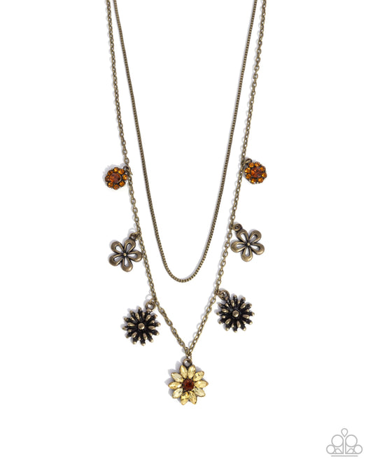 Glinting Garden - Brass Rhinestone Flowers Necklace - Paparazzi Accessories