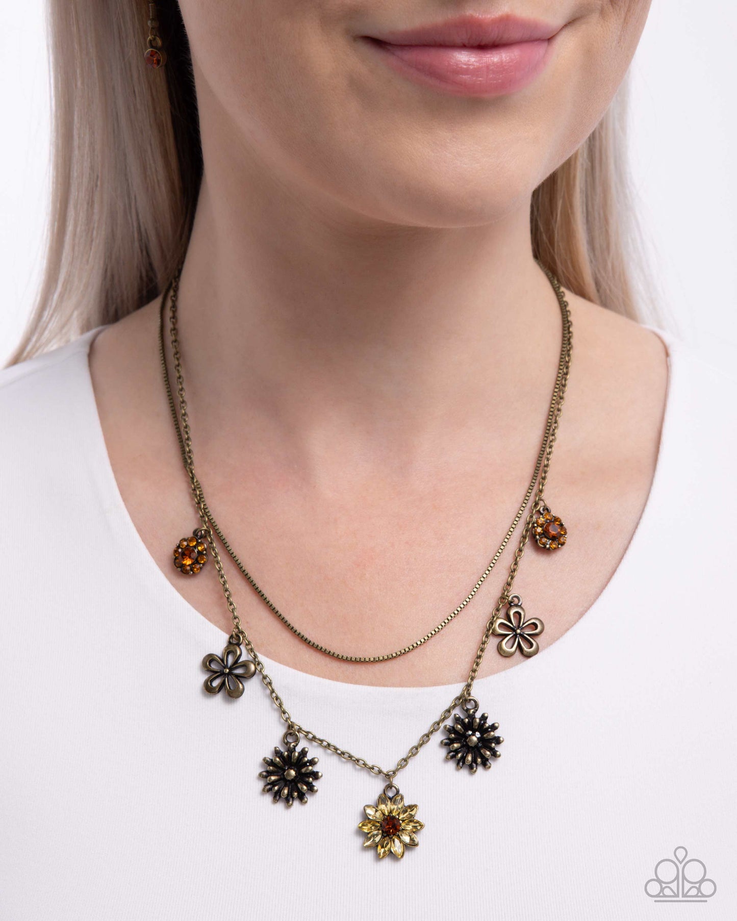 Glinting Garden - Brass Rhinestone Flowers Necklace - Paparazzi Accessories