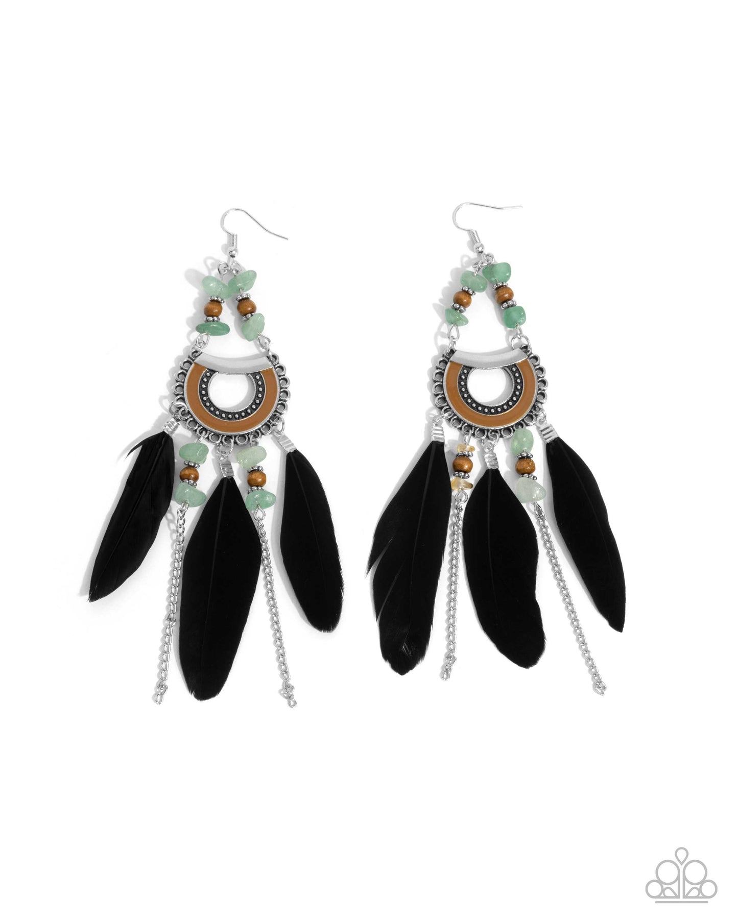 Serene Stage - Green Stone Black Feather Silver Fishhook Earrings - Paparazzi Accessories