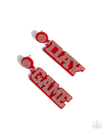 Home Game - Red Acrylic "GAME DAY" Post Earrings - Paparazzi Accessories