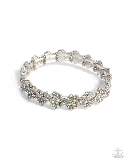 FLOWER Hungry - White Rhinestone Silver Stretchy Bracelet - Paparazzi Accessories