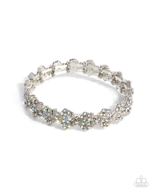 FLOWER Hungry - White Rhinestone Silver Stretchy Bracelet - Paparazzi Accessories
