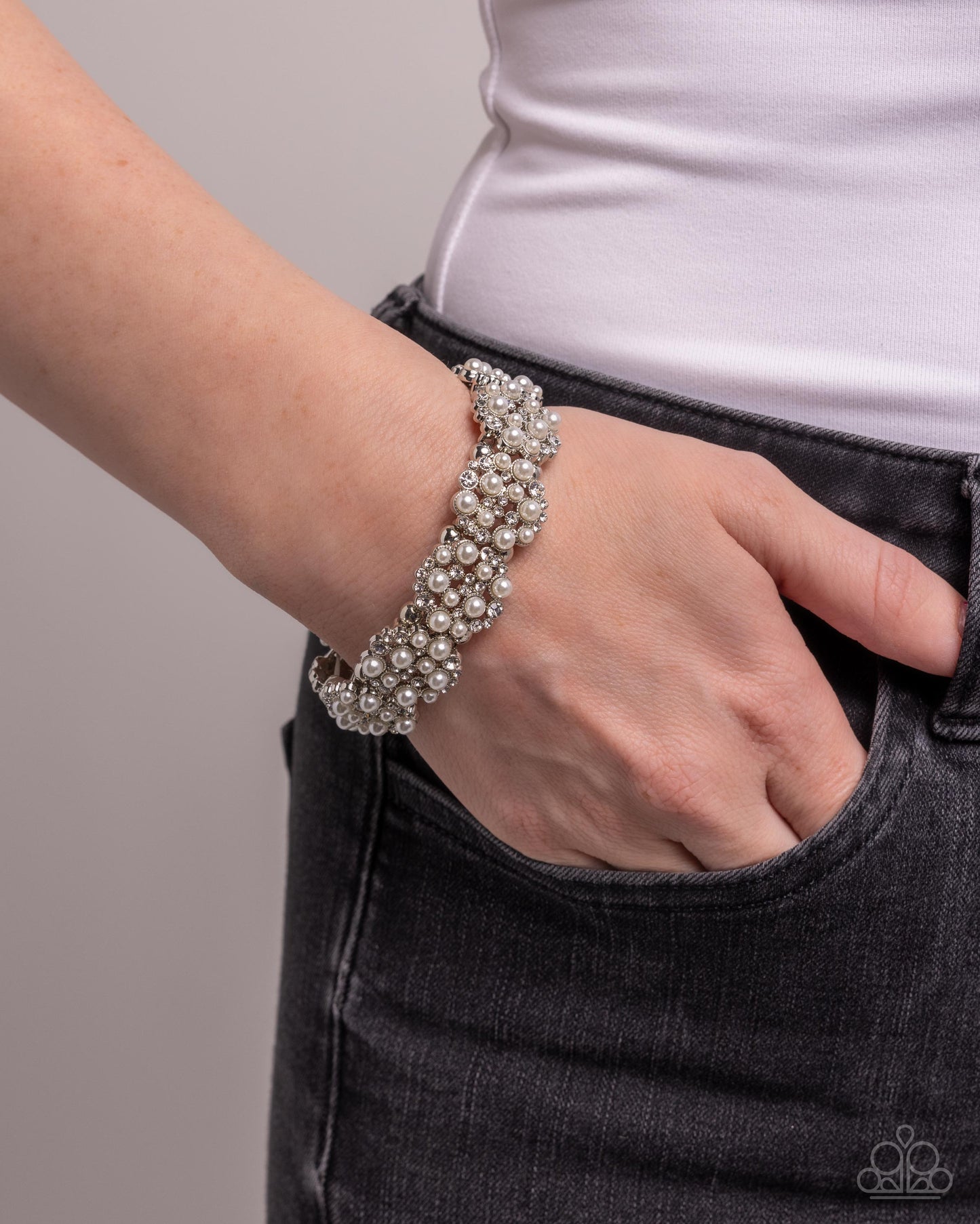 Were You Dazzled? - White Pearl Silver Stretchy Bracelet - Paparazzi Accessories