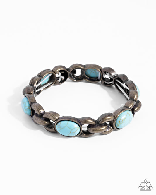 Rustic Record - Brass & Turquoise Crackle Stone Stretchy Bracelet - Paparazzi Accessories