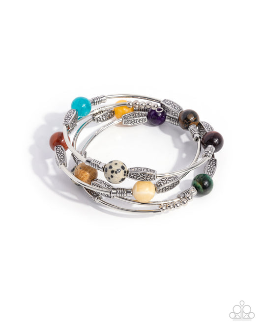 From Start to Finish - Multi Stone Silver Coil Bracelet - Paparazzi Accessories