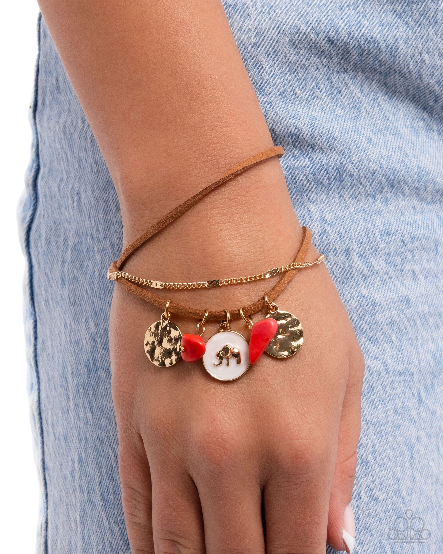Serene Stroll - Red Stone Gold Elephant Charm Clasp Bracelet - Paparazzi Accessories