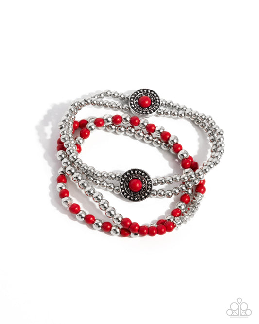 Bundle Up - Red Stone Silver Stretchy Bracelets - Paparazzi Accessories
