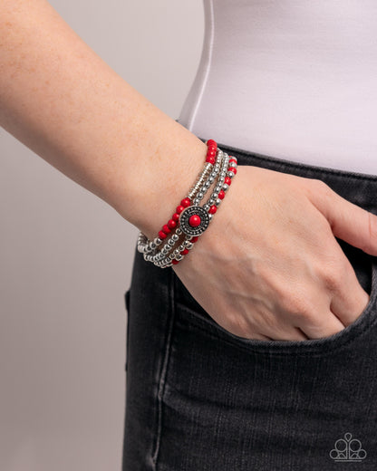 Bundle Up - Red Stone Silver Stretchy Bracelets - Paparazzi Accessories
