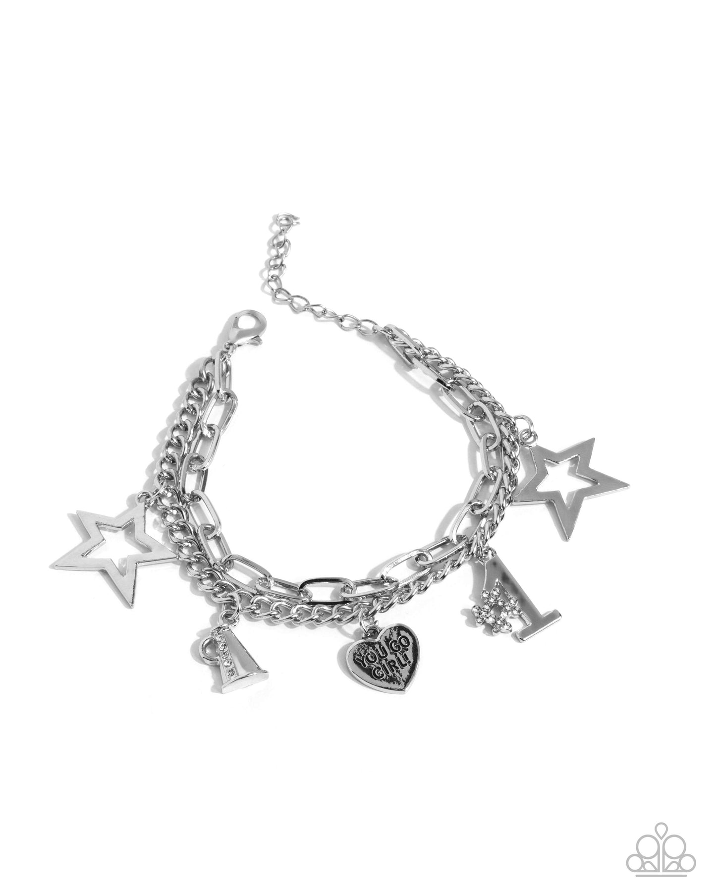 Team Spirit - White Rhinestone Silver Charm Clasp Bracelet - Paparazzi Accessories