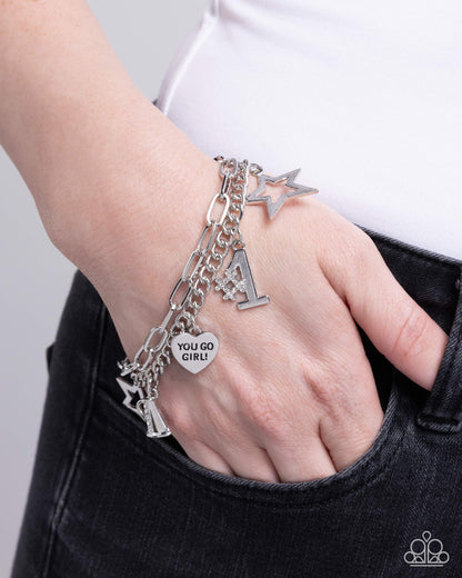 Team Spirit - White Rhinestone Silver Charm Clasp Bracelet - Paparazzi Accessories